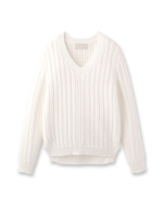 [L]ケーブル編みVネックニット/サックス(090)