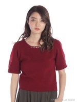 袖スリットビジュー付きニットTOPS/ボルドー