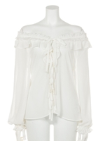 オフショルリボン前開きブラウス/ピンク