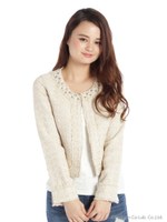 ツイードフリンジノーカラージャケット/ネイビー