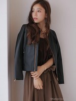 フェイクレザーノーカラーブルゾン/Dブラウン