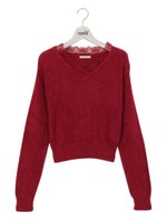 フェザーレースVネックニット/ボルドー