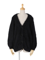 【F&A】ベロアくるみ釦シャギーニットカーディガン/BLACK