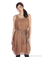 【OUTLET】ドット箔プリントシフォンプリーツワンピース/キャメル