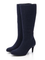 【ストレスフリー】パールビジューヒールロングブーツ/NAVY