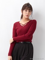 【売り切れ次第終了】レースアップ Vネックリブ/ニット/キャメル
