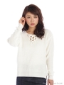 レースアップ畦編みニットTOPS/WH