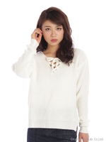 レースアップ畦編みニットTOPS/WH