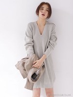 コットン片畦Vネックワンピース/ネイビー