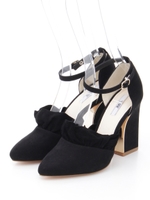 【R&E】フリルセパレートチャンキーヒールパンプス/ブラックスエード