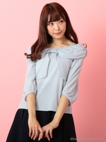 ボリュームスリーブリボンオフショルブラウス/ライトブルー