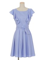 フレアスリーブベルト付ワンピース/紺