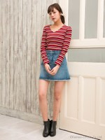 マルチボーダーテレコVネック/トップス/ボルドー