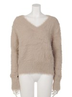 シャギーヤーンVネックニットプルオーバー/ピンクベージュ