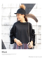 フリルスリーブスウェット トップス/ブラック