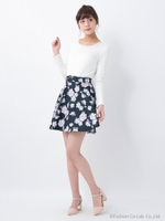 共ベルト付花柄フレア/スカート/コン
