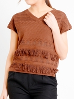 柄編みフリンジ付きニット/ブラウン