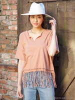 コットンモダール編みこみ&フリンジTシャツ/オレンジ