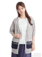 レーステープ刺繍MIXニットVカーディガン/レッド