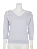 肩刺繍Vネックトップス/ネイビー