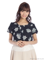 花柄フリル2枚袖ブラウス/ネイビー