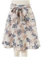 水彩フラワーリボンフレアスカート/ネイビー