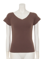 バック刺繍総針半袖Vニット(パープル、ブラウン)/ブラウン