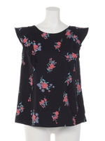 刺繍風花柄袖フリルブラウス/ネイビー