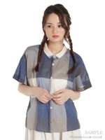 コットン先染めブロックチェックブラウス/ブルー