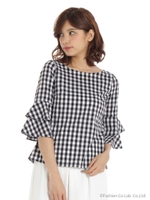 ギンガムチェックベルスリーブブラウス/ネイビー