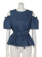 オープンショルダーデニムブラウス/ブルー