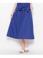 リネン混タックフレアミモレスカート/ブルー(092)