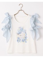 ストライプ袖リボンTシャツ/ブルー