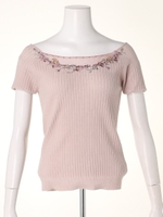 シアーデコルテ刺繍リブニット/ホワイト