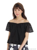 総レースオフショルトップス/サックス