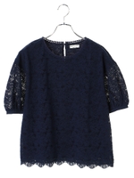 ・パフスリーブ5分袖レースプルオーバー/ネイビー