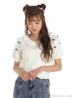 パールトリムカラーメニーリボンパフTOPS/ブラック