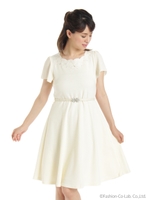 ベルト付き刺繍フレアワンピース/イエロー