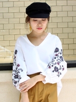 刺繍スリーブシャーリングブラウス/キャメル
