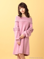 袖フリルオフショルニットワンピース/ディープブルー