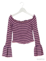 ラメボーダーオフショル長袖/ピンク