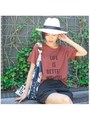 英字プリント半袖Tシャツ/ワイン