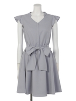 リボンベルト付ギャザーフレアワンピース/ベージュ