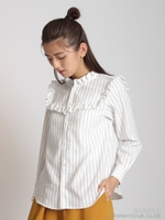 コットンレーヨンブークレストライプフリルブラウス/ネイビー