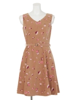 レトロ花柄ベルト付きフレアワンピース/ボルドー