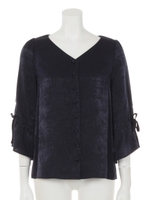 サテン風Vネックフレア袖ブラウス/ネイビー