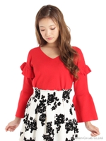 フリルスリーブデザインニット/レッド