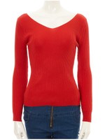 Vネック長袖ニットトップス/レッド