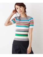 【洗える】マルチボーダーリブニットプルオーバー/ホワイト(301)