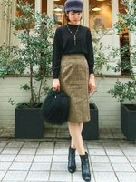 ハイウエストチェックタイトスカート/キャメル柄